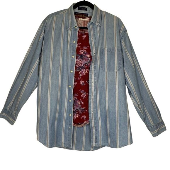 Vtg Ralph Lauren Chaps Lt Denim Blue & Red Striped Button Up Shirt SzXL Slouchy - Picture 3 of 14